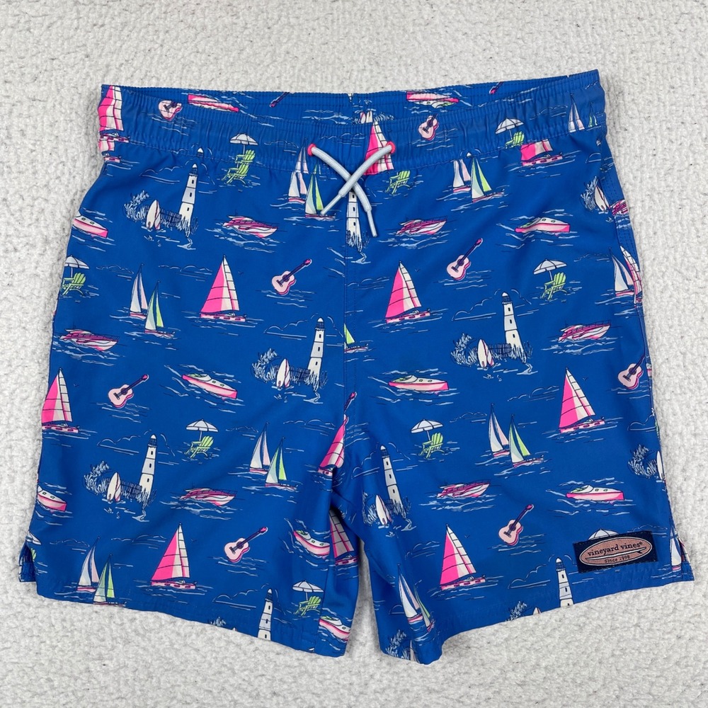 Vineyard Vines Swim Trunks Mens M Blue Nautical Sailboat Guitar Chappy Shorts